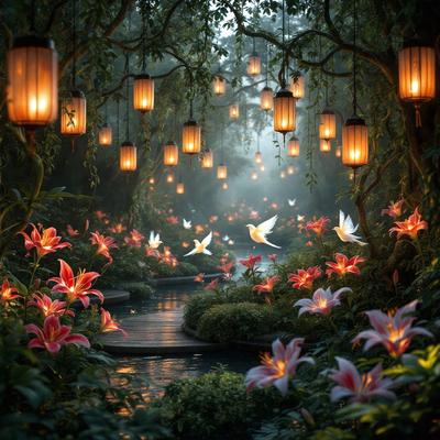 The primary subject of the image is a pathway surrounded by flowers and lit lanterns. The setting is a garden with a forest-like atmosphere. The visual style is a combination of photo and digital art, creating a surreal and magical scene. The dominant colors are red, white, and yellow, giving the image a warm and vibrant mood.